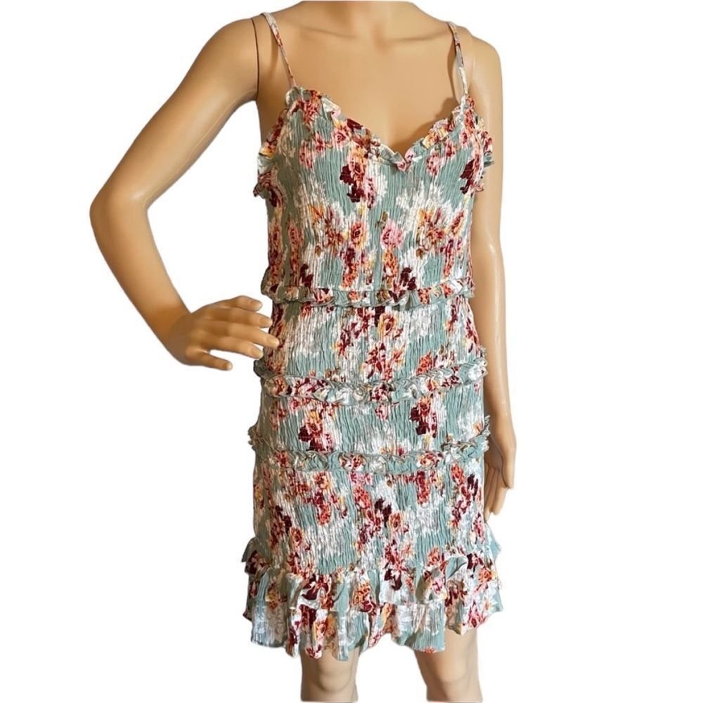 NWT Sim & Sam Ruched Floral Bodycon Dress Spaghetti Straps Sage Wine White Large